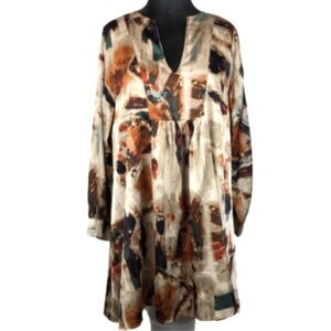 Glam Dress Satin Artsy Print Tan Long Sleeves V-Neck Mini Length Size Small